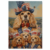 Mother Cocker Spaniel and Three Puppies in Patriotic Vests and USA Top Hats on Ready to Hang 1.5" Thick Canvas Wrap, Floating Framed Canvas, Flat Rolled Canvas